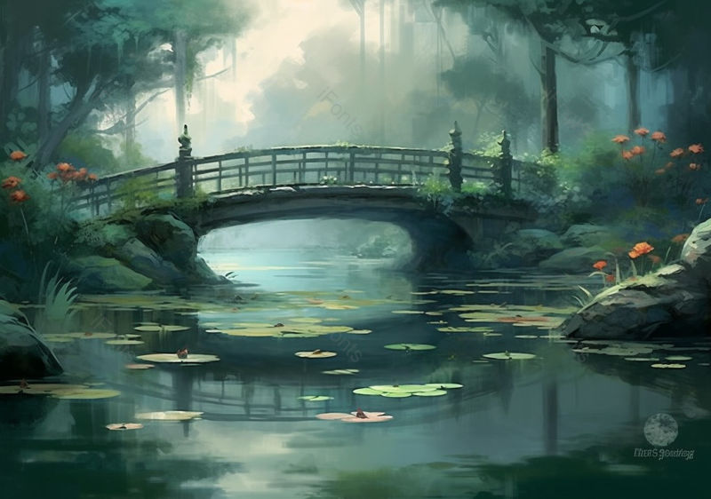 布满青苔拱桥幽静山水池塘睡莲荷花手绘古风国风中国水墨风插画,插画/手绘图,插画/手绘图库,插画/手绘图下载,插画/手绘